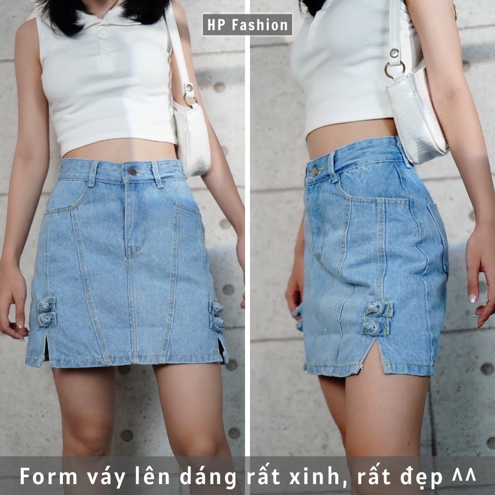 Chân váy jean chữ A xẻ tà cực xinh, chân váy bò nữ cạp lưng cao dáng ngắn trẻ trung - QJ29 - Happy Style