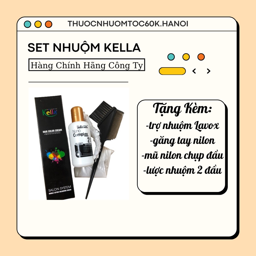 Set thuốc nhuộm tóc Kella dưỡng ít đủ màu tặng kèm trợ dưỡng Lavox, găng tay, mũ chụp và hướng dẫn sử dụng