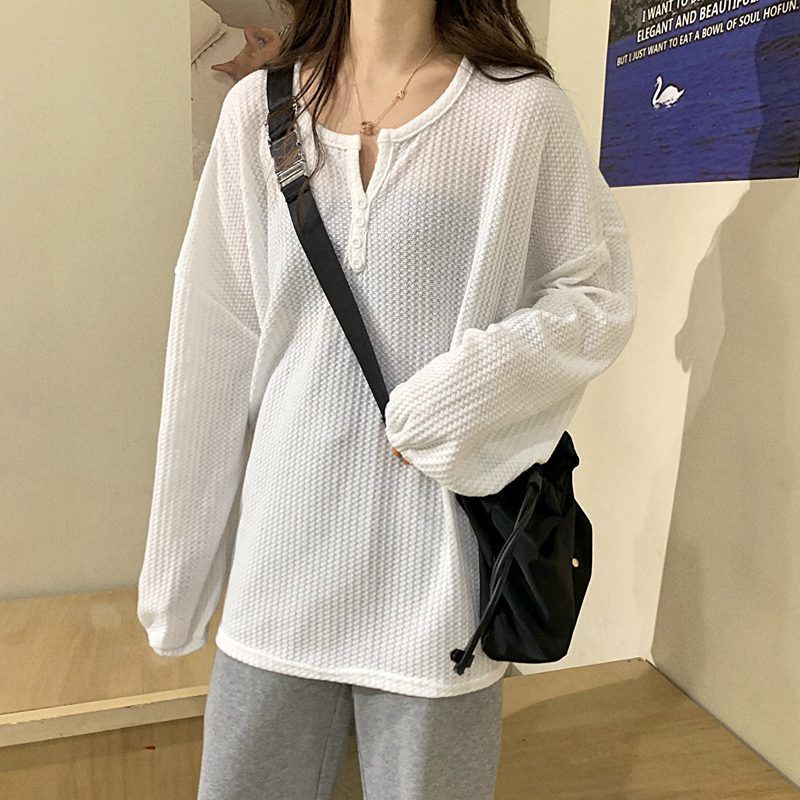 A042 Áo Phông cổ xẻ có cúc tay bo len mỏng Thoáng Mát Thun Dài Tay Unisex Nam Nữ tổ ong form rộng thu đông
