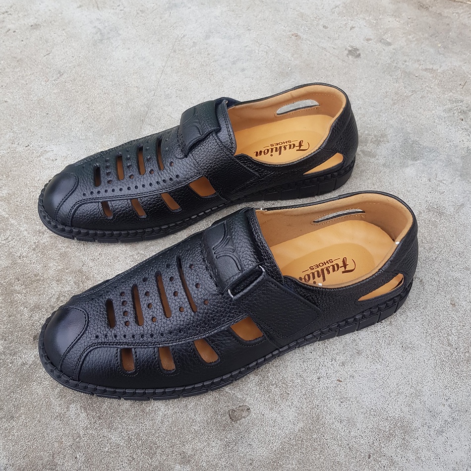 Giày rọ nam da bò cao cấp nguyên tấm đế khâu Giầy mùa hè đục lỗ thoáng khí đẹp mẫu mới H-1 màu đen Men’s Summer Shoes