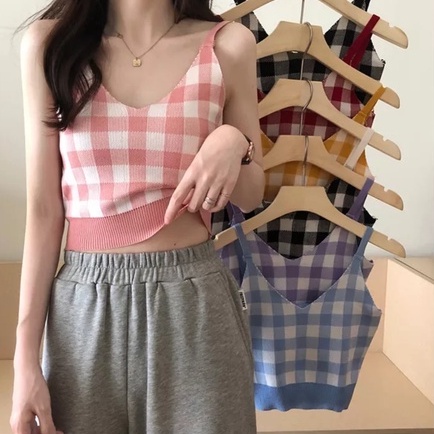 Áo hai dây len croptop caro dành cho nữ mùa hè A2S14