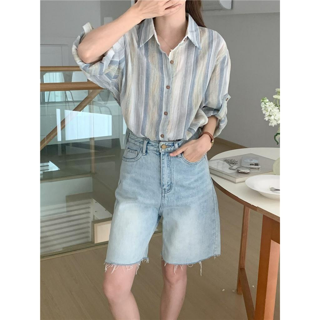 Áo polo Chống Nắng Dáng Rộng Tay Dài Kẻ Sọc 65335 Dễ Phối Đồ