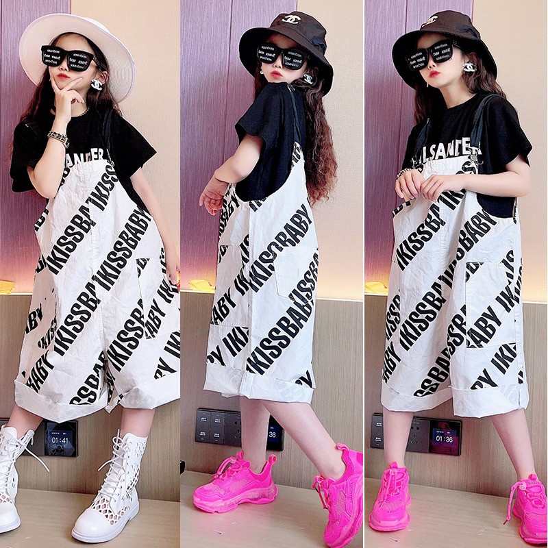 Bộ áo tay ngắn + quần yếm dáng rộng phong cách phương Tây thời trang mùa hè năng động cho bé gái 5-6 tuổi 6-7 tuổi 7-8 tuổi 8-9 tuổi 9-10 tuổi 10-11 tuổi 11-12 tuổi 12-13 tuổi 13-14 tuổi 15-16 tuổi