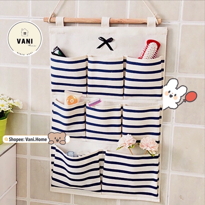Túi treo tường 8 ngăn tiện dụng decor phòng chống thấm nước - Túi vải Canvas đựng đồ 8 ngăn hoạ tiết sọc ngang
