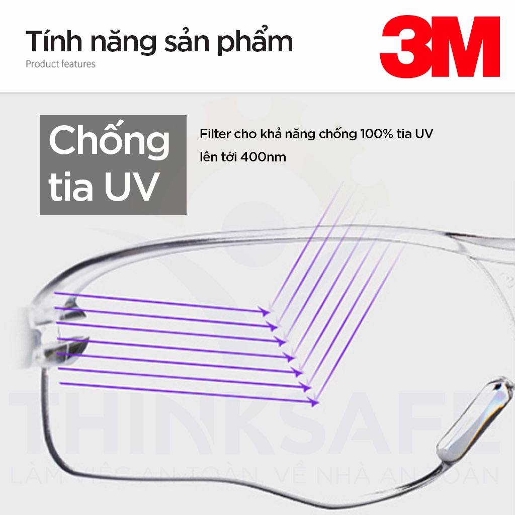 Kính bảo hộ 3M Thinksafe, Kính trắng chống bụi, chống tia UV, Mắt kiếng ôm khuôn mặt, trong suốt, bảo vệ mắt - V34