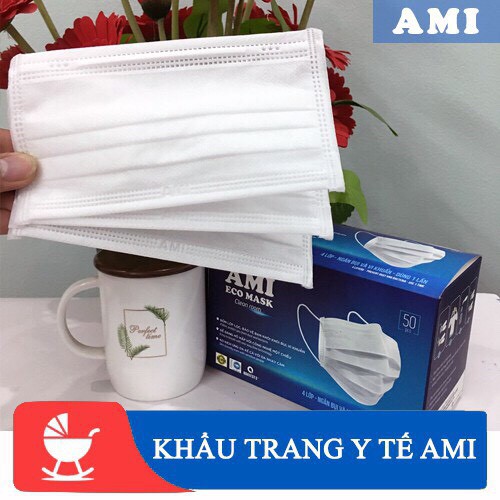 Khẩu trang y tế 4 lớp giấy kháng khuẩn hàng công ty hộp 50 chiếc Ami - Sakata - 3D - Phúc Anh - Famapro
