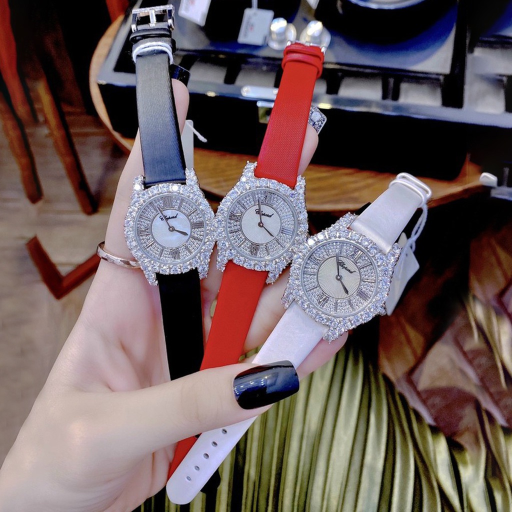 [TẶNG 2 DÂY DA] Đồng hồ nữ Chopard dây da mặt đính Swarovski sang trọng full box - Bảo Hành 24 tháng, chống nước 5ATM