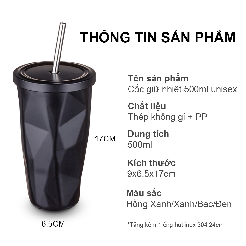 Ly giữ nhiệt có nắp 500ml bằng thép không gỉ cao cấp tặng kèm ống hút inox 4 màu sắc unisex