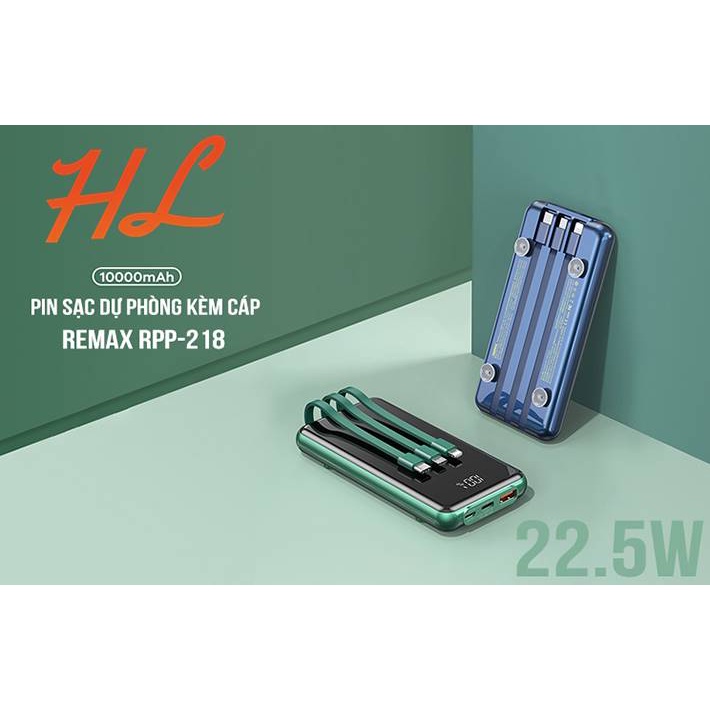 Pin Sạc Dự Phòng Remax RPP-218 10000mAh Sạc Nhanh QC3.0, PD18W, 22.5W, VOOC 2.0 (TÍCH HỢP CÁP SẠC) - BH 1 Năm