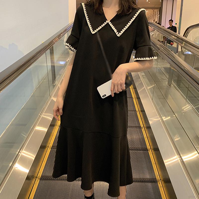 Đầm dài tay ngắn dáng rộng màu trơn phong cách Hàn Quốc dễ thương thời trang cho nữ