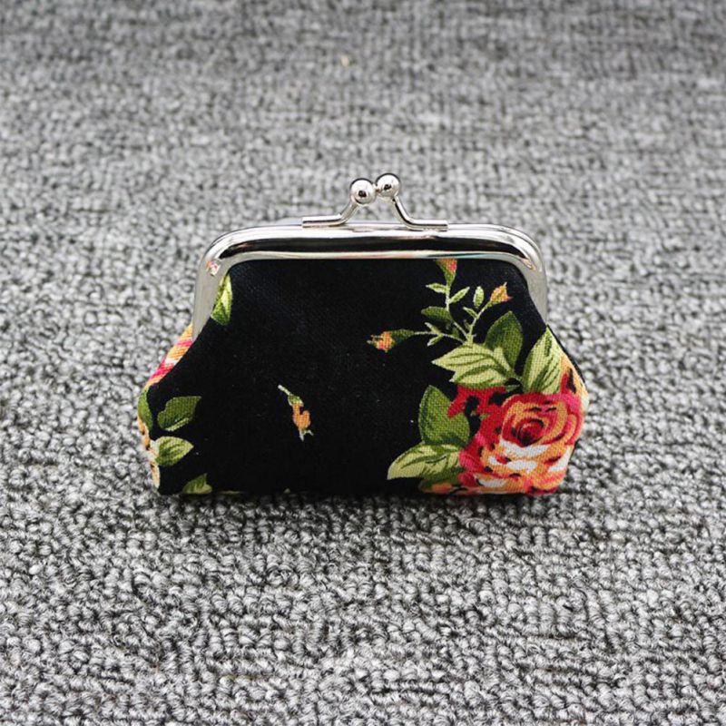 Ví clutch cầm tay khóa kim loại đựng tiền xu in hoa hồng cho phái nữ