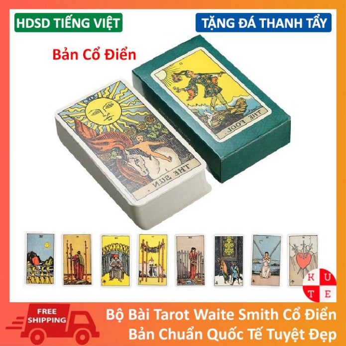 Combo Bài Tarot Rider Smith Waite 78 Lá Size Gốc Cán Màng Giấy Dày Dặn Tặng Túi Nhung, Thảm Trải Bài Và Đá Thanh Tẩy