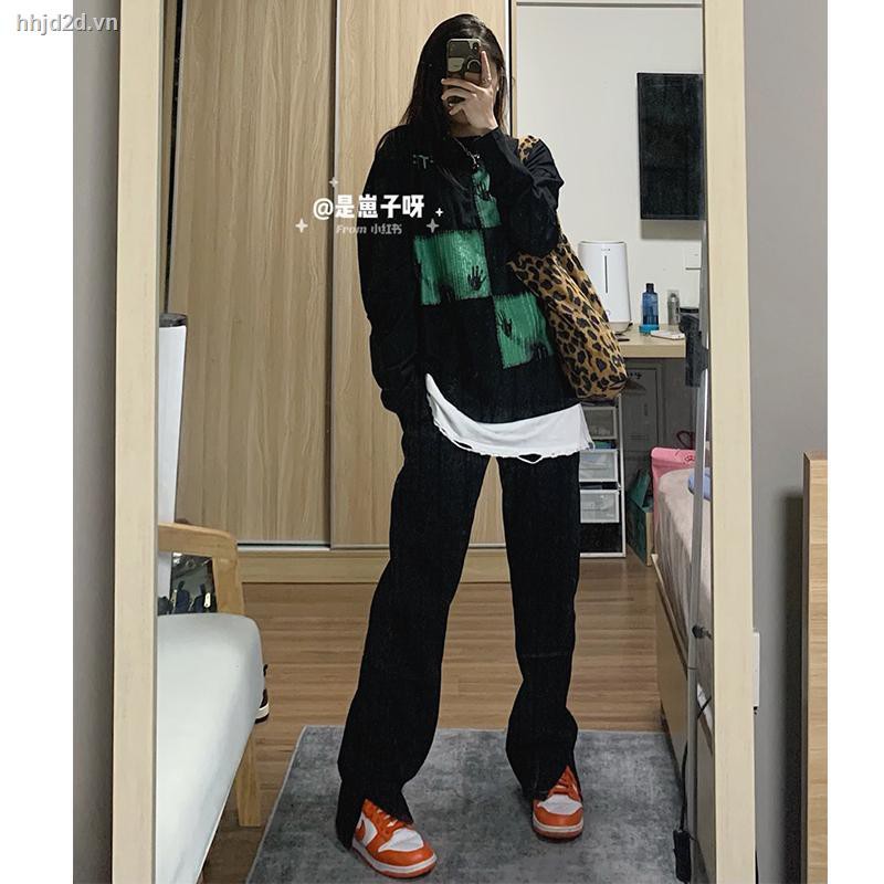 Quần jean đen lưng cao ống rộng xẻ tà thời trang thu đông cho nữ