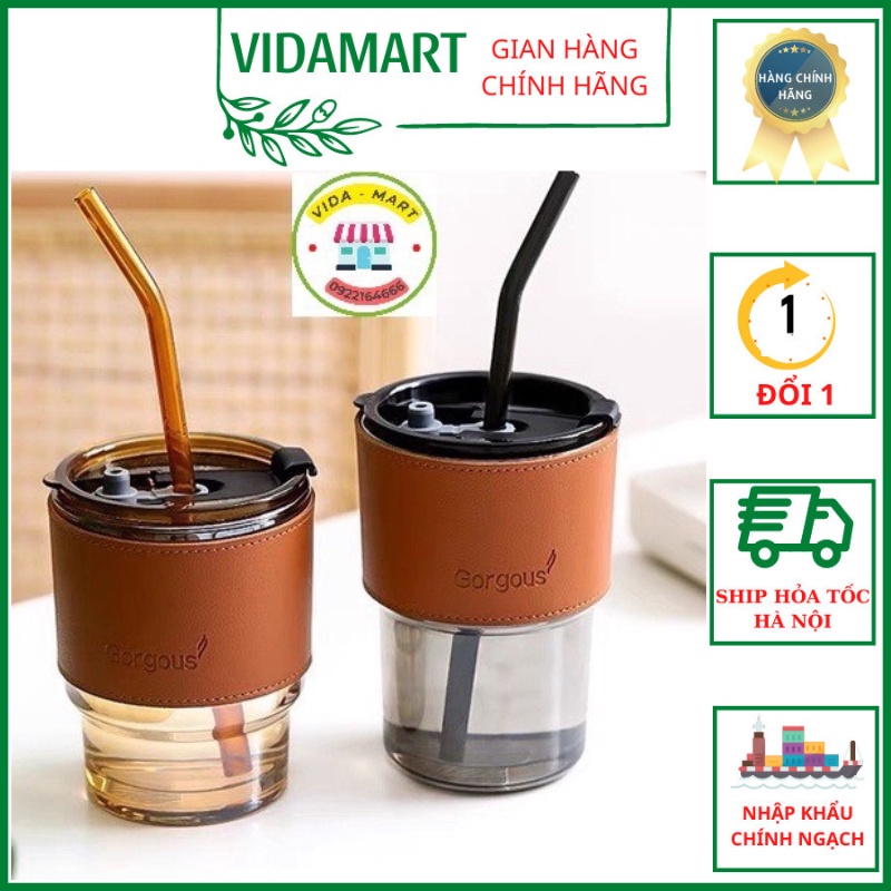 Cốc Thuỷ Tinh Có Nắp Bọc Da Decor , Ly Đẹp Cute Gorgous Chịu Nhiệt 450ml Kèm Ống Hút Thuỷ Tinh BenZ Home (vidamart)
