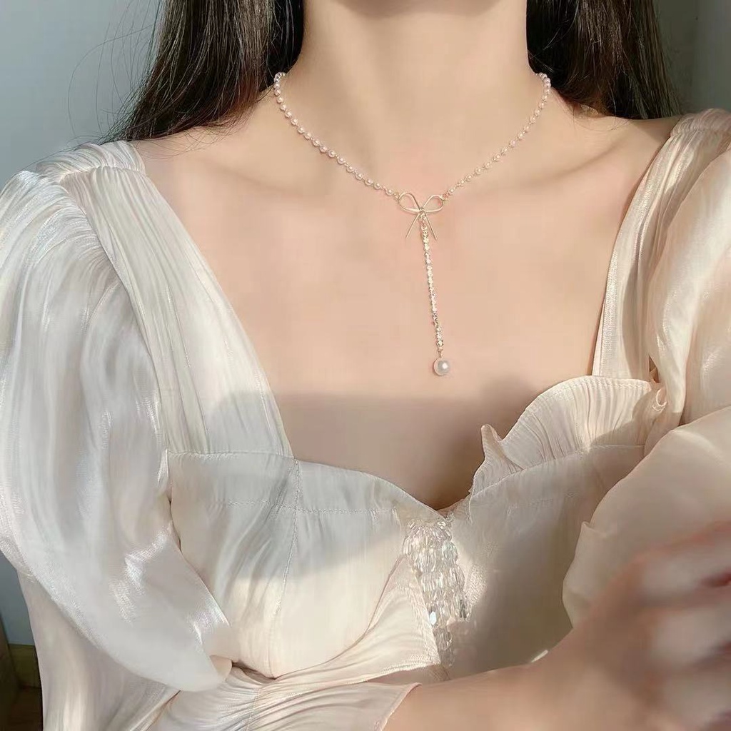 Vòng Cổ Chuỗi Ngọc Trai Thắt Nơ Phong Cách Hàn Quốc Độc Đáo Cho Nữ