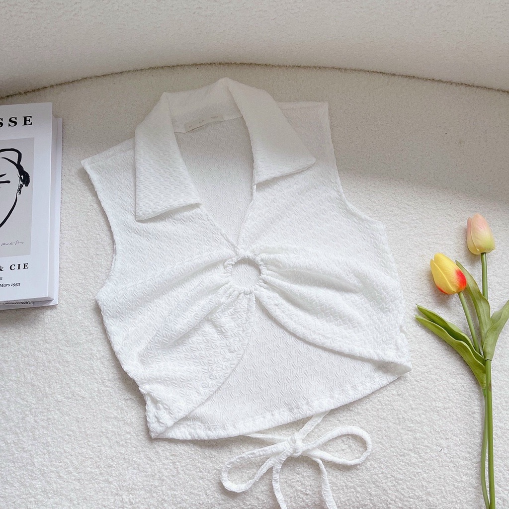 Áo thun croptop ba lỗ cổ bẻ kiểu khoen ngực xinh buộc dây chất thun xốp hột