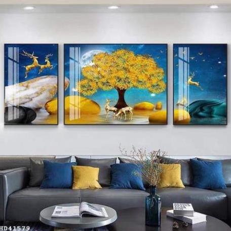 T36 Tranh Tráng gương Treo Tường Phòng Khách Cây Kìm Tiền và Tài Lộc Vàng Quý Quà Tết Decro Phòng Ngủ/ Thờ