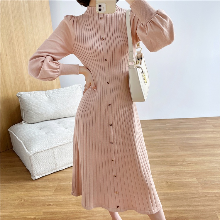 Đầm Len Dệt Kim Tay Phồng Cổ Cao Thời Trang Cho Nữ váy