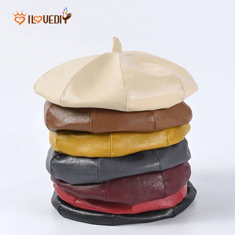 Mũ nồi bằng da PU màu trơn phong cách vintage cho nữ
