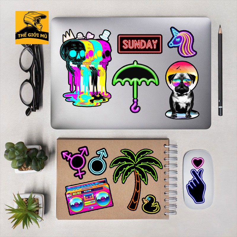 Sticker Neon dán mũ bảo hiểm, vali, laptop, sách vở PVC chống nước nhiều hình