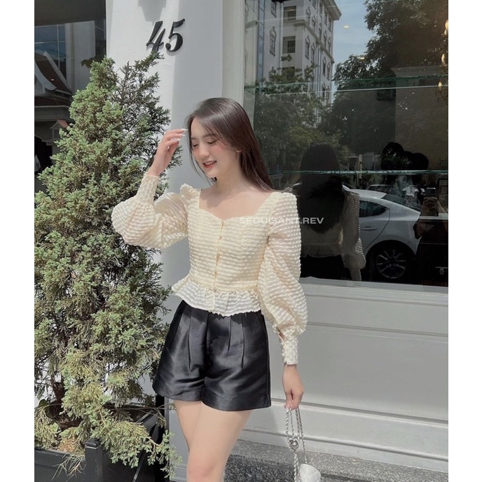 SET ÁO PEPLUM BI NỔI XỐP KEM + QUẦN SHORT ĐEN