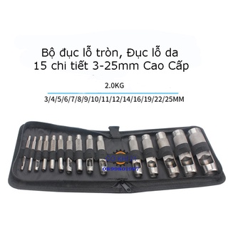 Bộ đục lỗ tròn, đục lỗ da 15 chi tiết 3-25mm cao cấp
