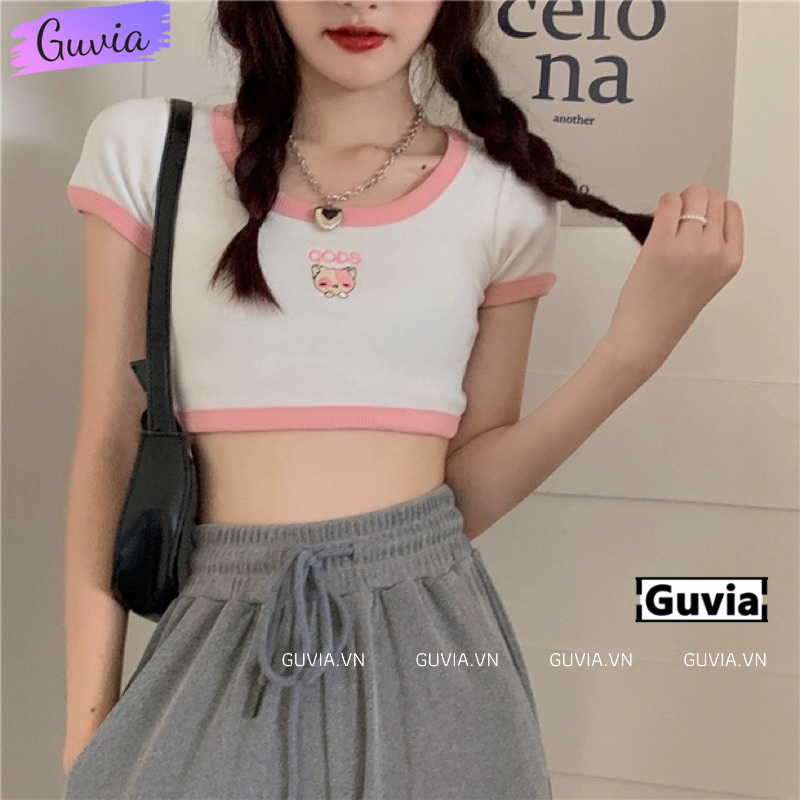 Áo Croptop Ôm Body Nữ GODS THÊU CÚN Cổ U Tay Ngắn, Áo Thun Croptop Kiểu In Họa Tiết GUVIA CR94