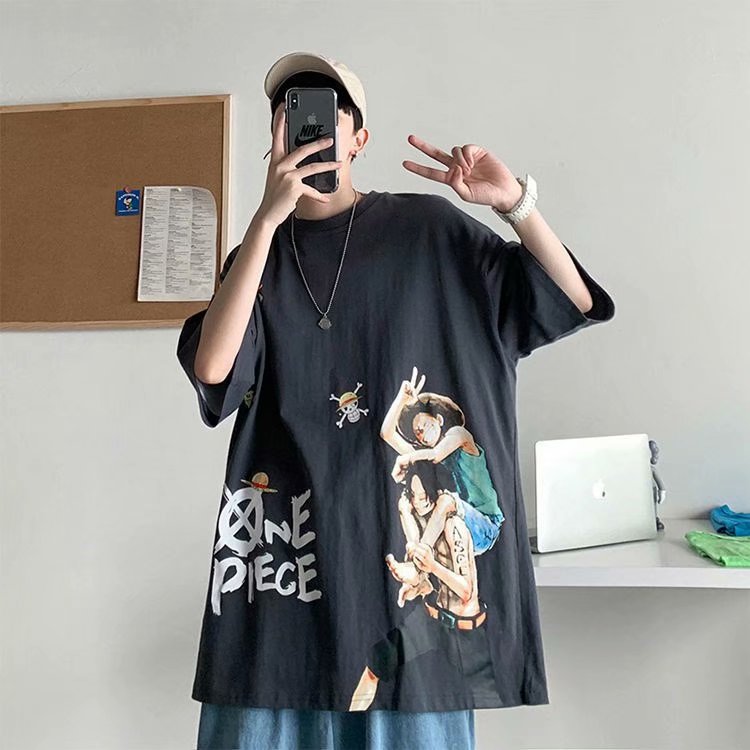 Áo Thun Tay Ngắn Cổ Tròn Dáng Rộng In Hình Luffy ace Thời Trang Đường Phố Dành Cho Nam size M-8XL