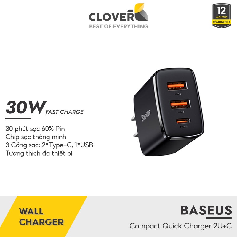 Củ Sạc Nhanh 30W 3 Cổng Baseus Nhỏ Gọn Sạc 3 Thiết Bị Cùng Lúc Chip Sạc Thông Minh Bảo Vệ Pin Cho 13 Pro Max Samsung