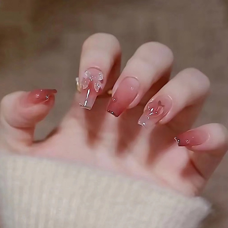 Set 24 Móng Tay Giả Trong Suốt Đính Nút Thắt Thời Trang Cho Nữ