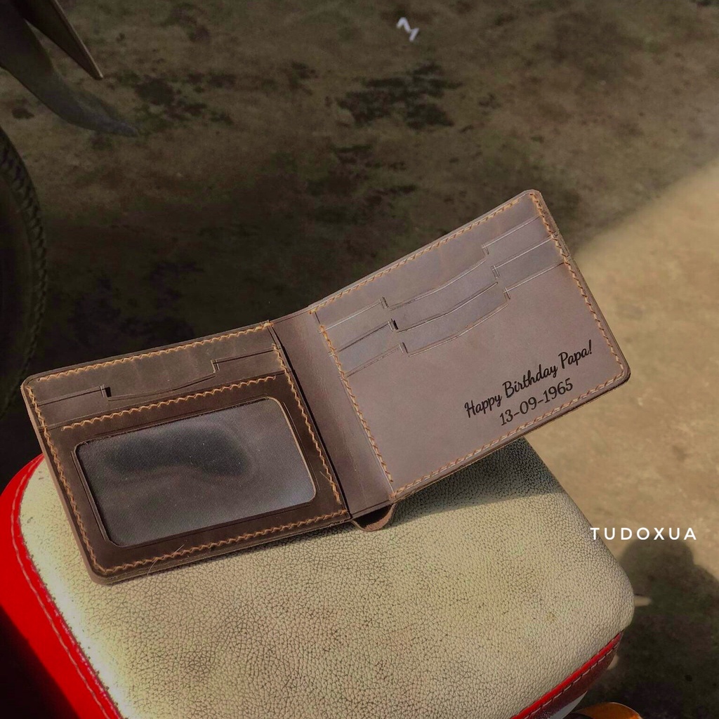 Ví da nam khắc tên theo yêu cầu, chất liệu da bò thật, tặng kèm móc khóa da,làm quà tặng sinh nhật