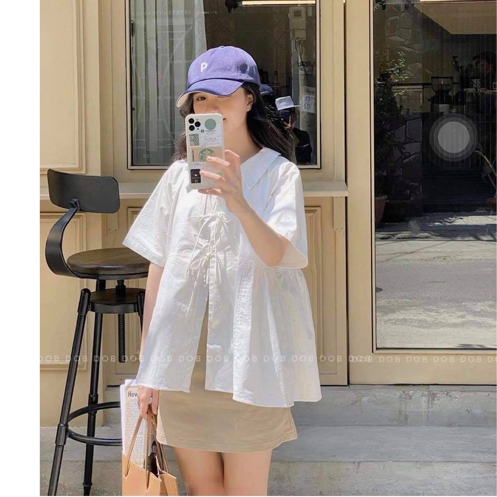 Áo babydoll nữ tay ngắn cka805, kiểu áo sơ mi cộc tay buộc dây cổ bẻ, áo kiểu nữ màu trắng form rộng phong cách Hàn Quốc
