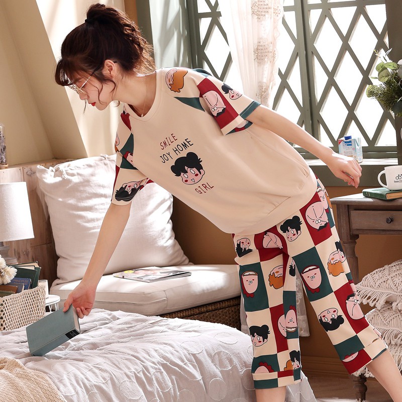 Bộ Đồ Ngủ Cotton Ngắn Tay Thời Trang Cho Nữ