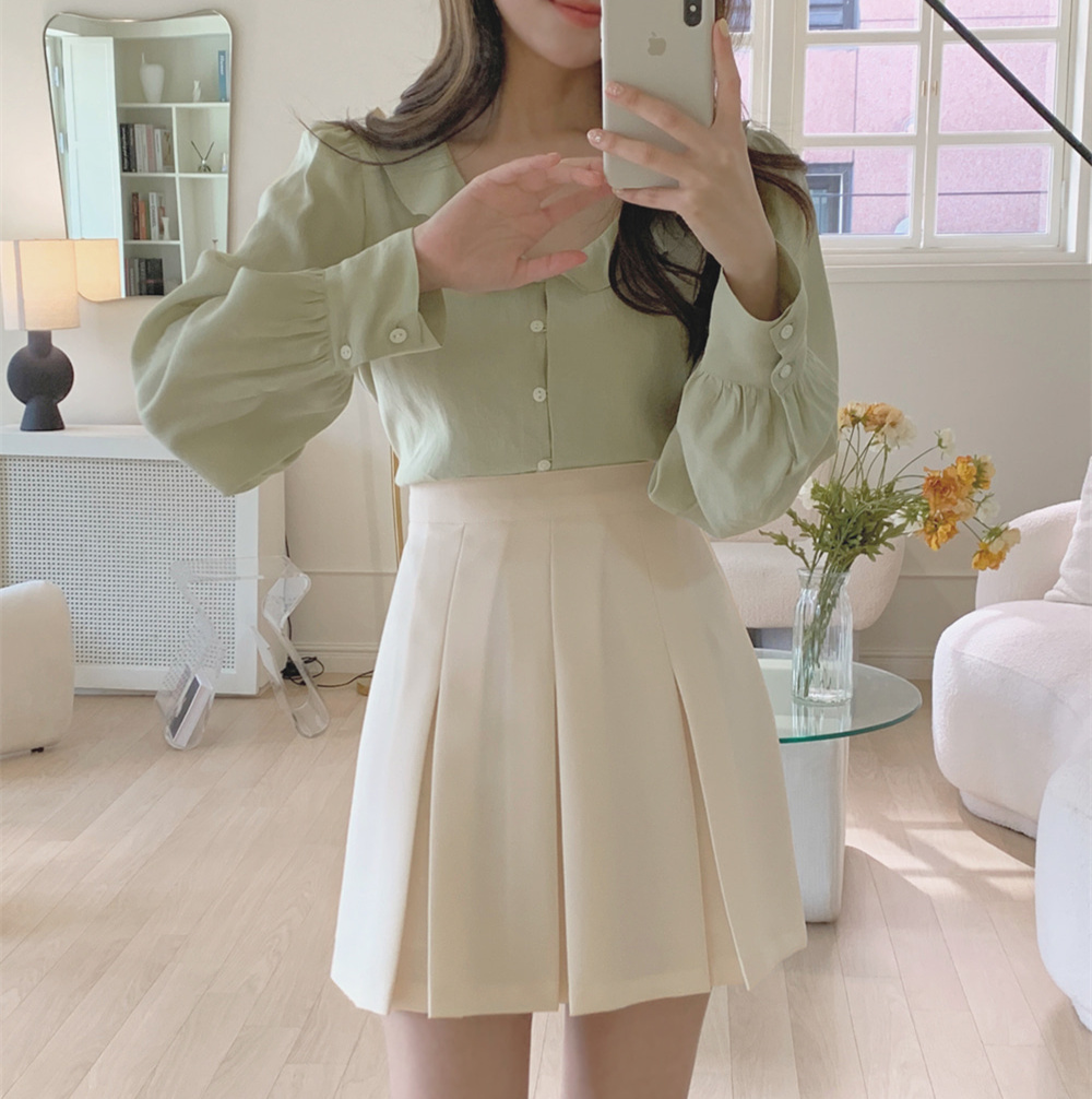 Set Áo Cổ V Dài Tay + Chân Váy Chữ A Xếp Ly Thời Trang Hàn Cho Nữ