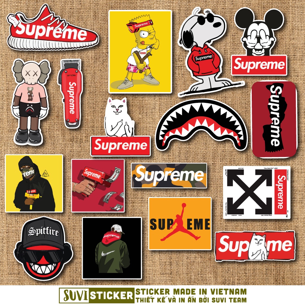 50 Sticker Superme chống nước sticker dán mũ bảo hiểm, laptop, điện thoại, đàn guitar, vali. MSP: SV36