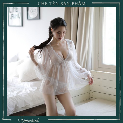 Váy Ngủ Dài Tay Xuyên Thấu Quyến Rũ - Đầm Ngủ Siêu Mỏng Trong Suốt Kèm Quần Lót Dây Lọt Khe UNIVERSALXXX - DNS40