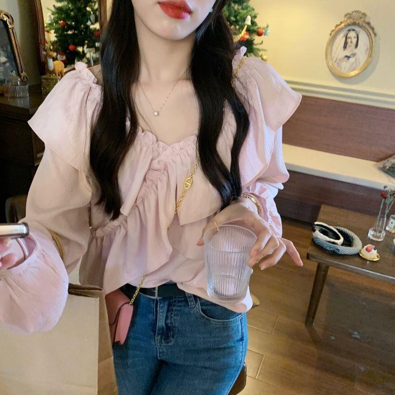 Áo Sơ Mi Cổ Lá Sen Màu Trơn Phong Cách Hàn Quốc Thời Trang Mùa Hè Mới