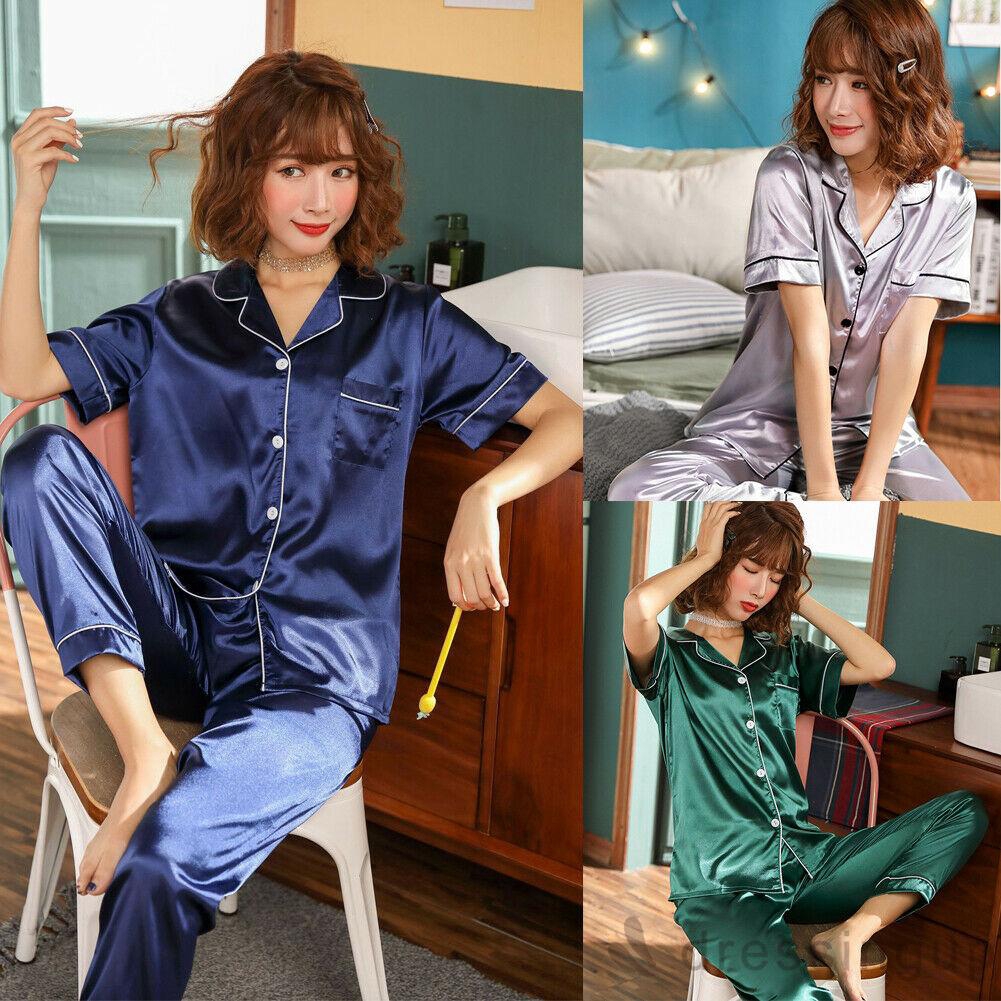 Set Đồ Ngủ Áo Tay Dài + Quần Dài Chất Phi Bóng Cho Nữ