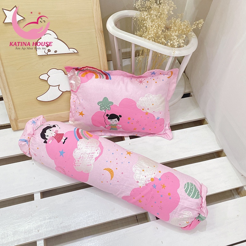 Bộ gối nằm và gối ôm cho bé gòn lông vũ, vải Cotton Satin Hàn Quốc êm mềm mát, giúp bé ngủ sâu ngủ ngon