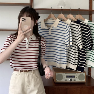 Áo Thun POLO Dệt Kim Ngắn Tay Họa Tiết Kẻ Sọc Thời Trang Mùa Hè Phong Cách Hàn Quốc Hàng Mới Cho Nữ