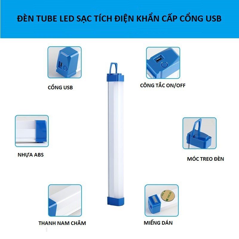 Đèn Led Sạc Tích Điện Khẩn Cấp Dài 17cm 32cm 52cm Siêu Sáng Kèm Sạc USB Dùng Khi Mất Điện, Làm Việc, Cắm Trại...