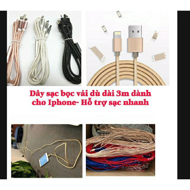 Dây sạc bọc vải dù dài 3m dành cho Iphone- Hỗ trợ sạc nhanh