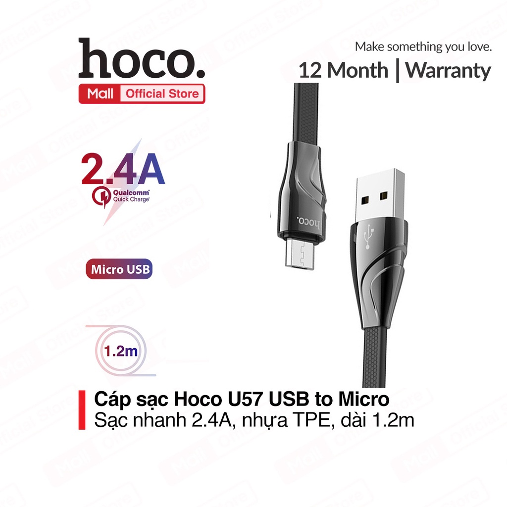 Cáp sạc 2.4A truyền dữ liệu Hoco U57 Micro dây dẹp chống gãy gập cho Android dài 120CM ( Đen)