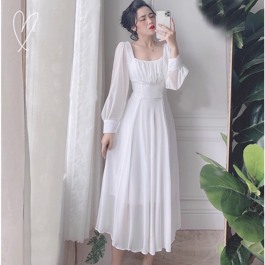 Đầm váy freesize trắng cổ vuông nhúng ngực
