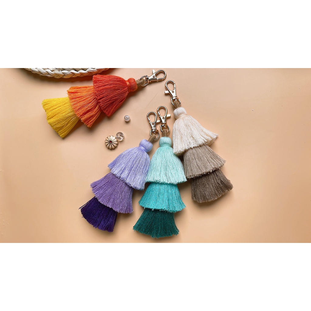 Móc Khóa Tua Rua 3 Tầng 16cm Nhiều Màu Trang Trí Chìa Khóa, Túi Xách, Balo