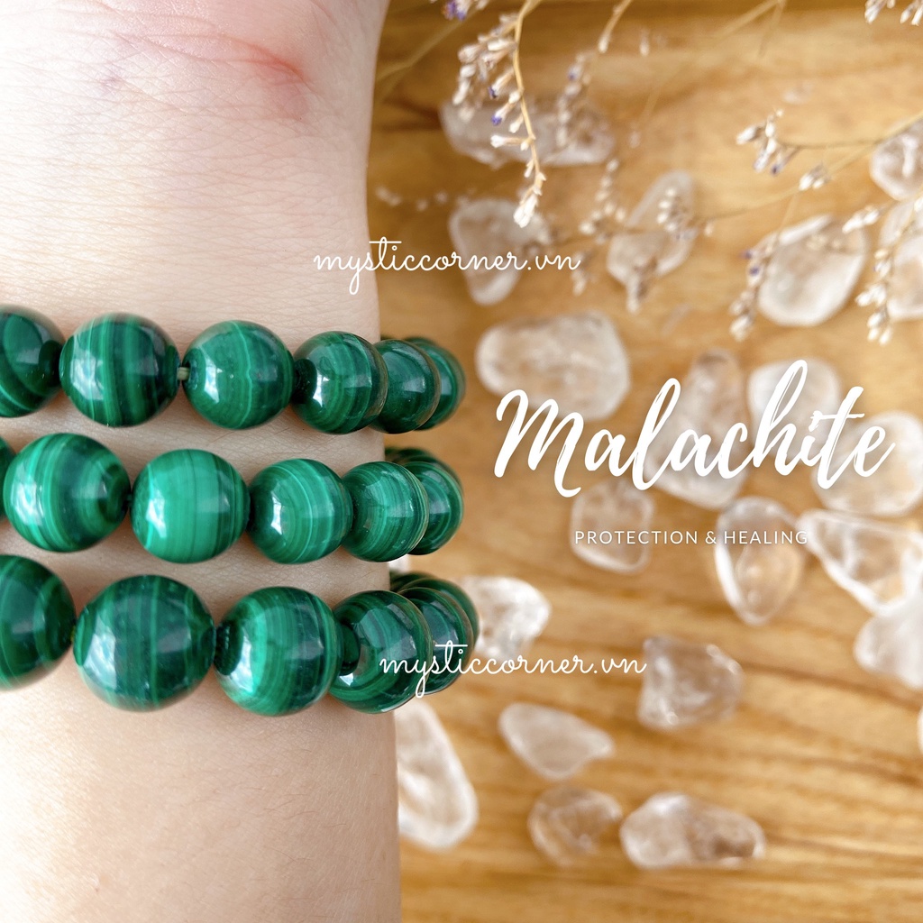 Vòng chuỗi hạt đơn và quấn 3 vòng tay đá Malachite (Đá Lông Công) size 6li - 10li