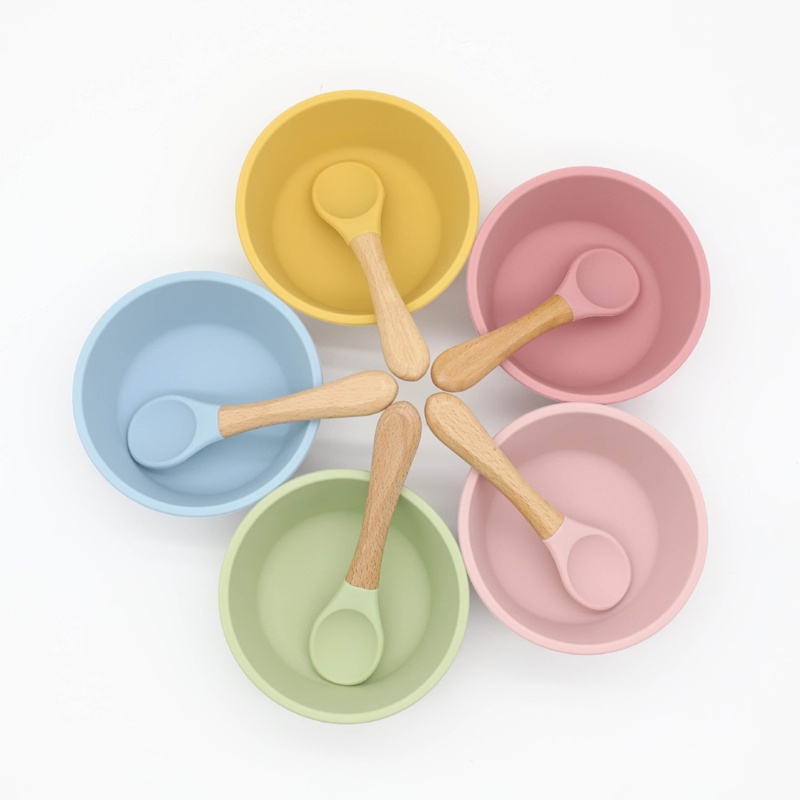 ℜ-ℜ  3 Pcs Baby Food Grade BPA-Free Silicone Suction Feeding Bowl Spoon Fork Dish Set