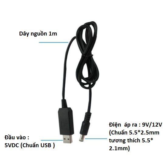 Cáp nâng áp từ cổng USB 5V sang giắc 5V/9V/12V