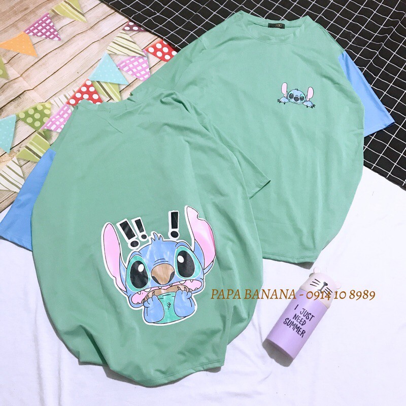 Áo thun tay lỡ dáng Unisex form rộng phong cách Ulzzang tay phối màu Stitch