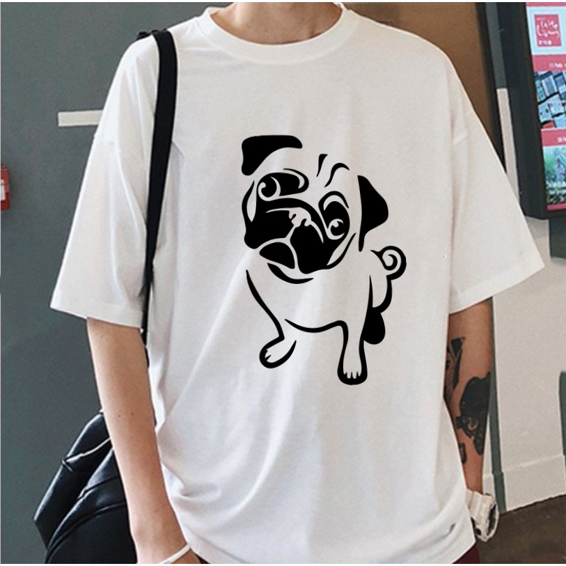 Áo thun tay lỡ nam nữ chó Pug đáng iêu form rộng, áo phông rộng unisex nam nữ dáng oversize màu trắng basic